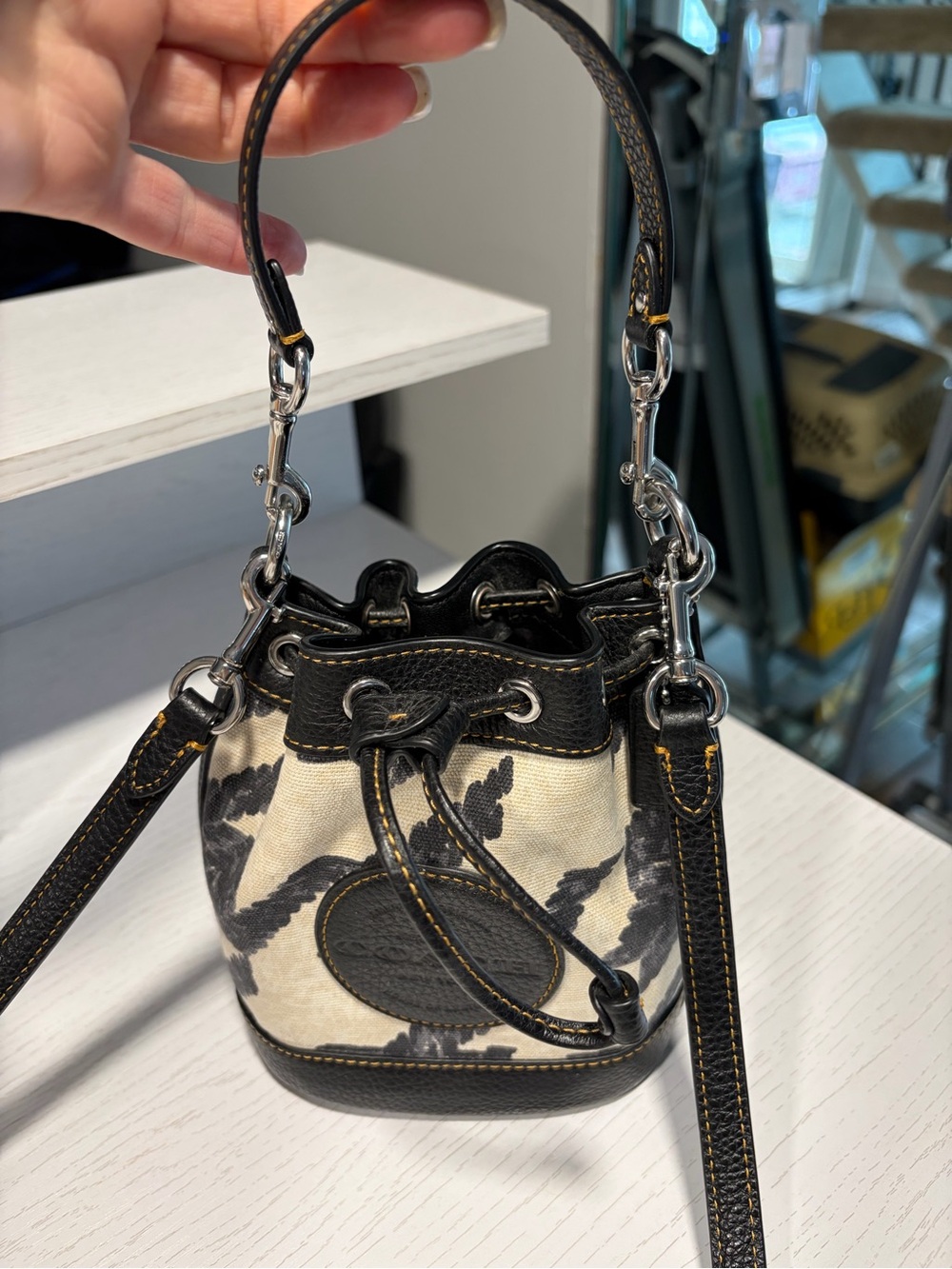 Coach Cream Canvas Mini Bucket Bag with Black Trim